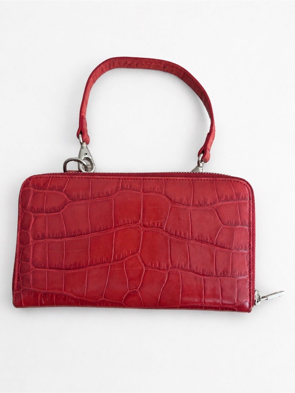 Furla Red Croc Embossed Genuine Leather Zip Around Wristlet Wallet